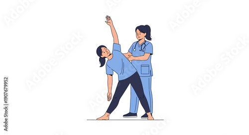 Physiotherapist Assists Woman with Side Bend Stretching Exercise