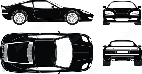 Black sports car illustration showing side, front, rear, and top views with sleek aerodynamic design, alloy wheels, and detailed features