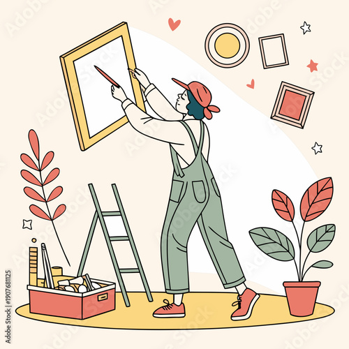 Whimsical painter humorously frames an invisible masterpiece, creative vector concept.