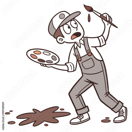 Accidental mud mixture: painter combines colors into a dull mass, humorously representing creative error vector.