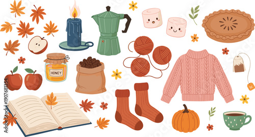 Cozy autumn hygge elements vector set with sweater pumpkin pie candle coffee leaves socks and fall comfort objects isolated on white background