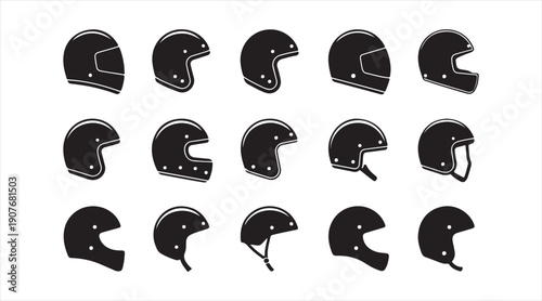 Black motorbike helmet symbols set in minimal flat design style
