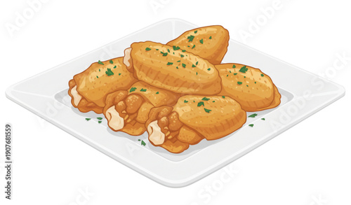 Golden Brown Chicken Wings on White Plate Vector Illustration