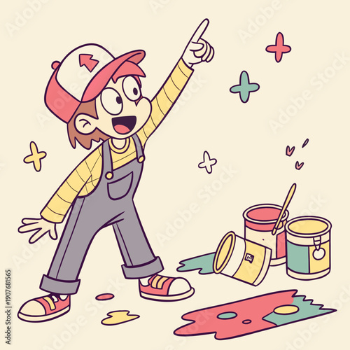 Conceptual flat vector illustration of a painter spilling paint, humorously framing errors as deliberate abstract masterpieces.