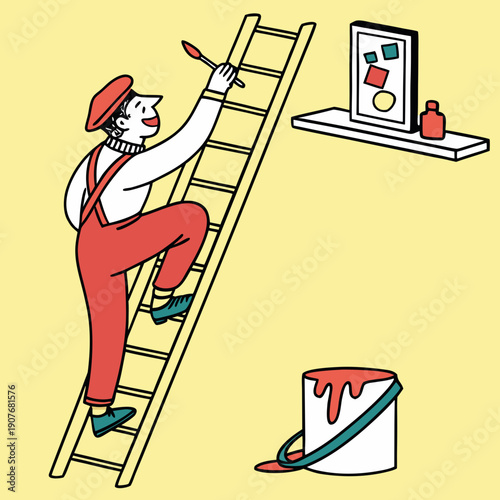 Whimsical vector illustration showing a painter using a ladder for a very small canvas, highlighting unconventional methods in art creation.