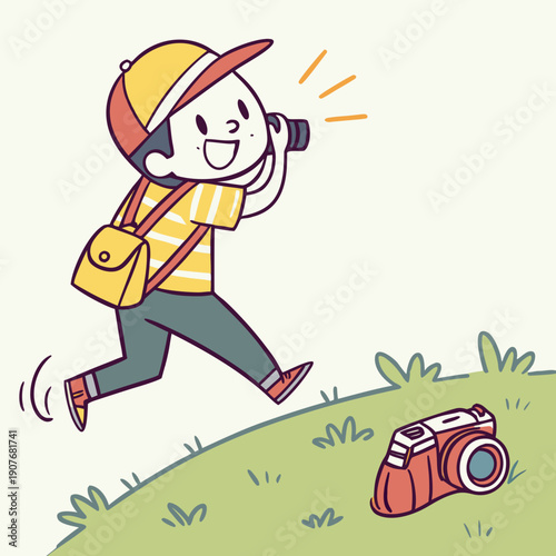 Cute, whimsical vector illustration of a photographer comically chasing a rolling camera, symbolizing the pursuit of the perfect shot.