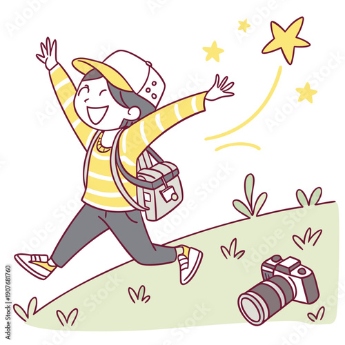 A cheerful photographer humorously pursuing a runaway camera on wheels, captured in a cute vector style, representing the photographic journey.