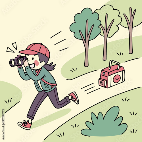Playful cartoon photographer chases a runaway camera cart, a cute and humorous vector image about the adventurous side of photography.