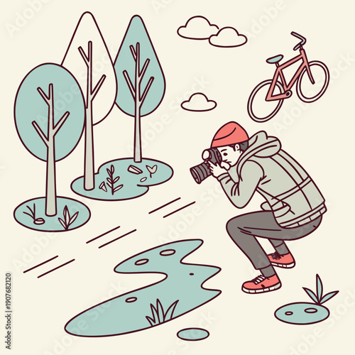 Photographer capturing reflections in a puddle, urban photography, creative concept, atmospheric outdoor scene.