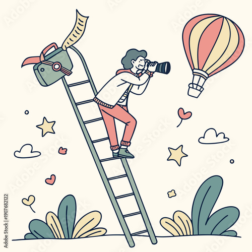 Photographer using ladder for ground photography, unique perspective, creative angle, aerial view concept.