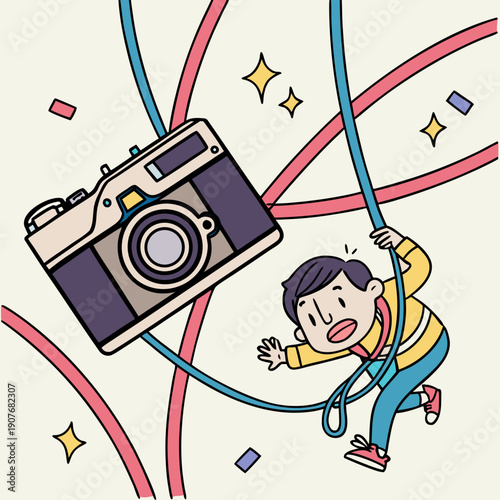 Photographer playfully tangled in camera straps, funny creative concept, behind-the-scenes shot, equipment fun.