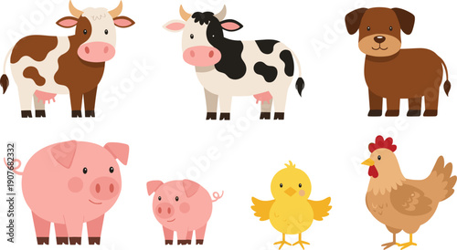 Cute farm animal characters vector set with cows pigs dog chicken and chick isolated on white background for agriculture and kids designs