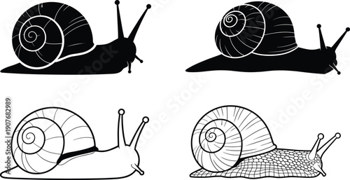 Black and white silhouettes of snails in various styles including solid outlines and detailed sketches isolated on a white background