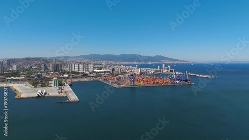Wallpaper Mural Izmir, Turkey. Container yard and large cranes at Izmir Port for commercial freight operations in Aegean Sea on sunny day. Aerial view Torontodigital.ca