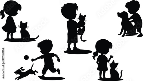 PrintChildren playing with pets silhouettes, boys and girls interacting dog and cat, cute childhood moments illustration vector isolated