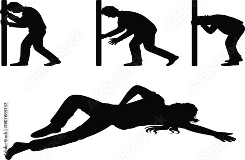 PrintExhausted stressed people silhouettes, man and woman leaning wall collapsing fatigue burnout depression concept illustration isolated white background