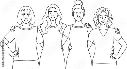 Four diverse young women standing together in solidarity with arms around each other symbolizing teamwork friendship and community support