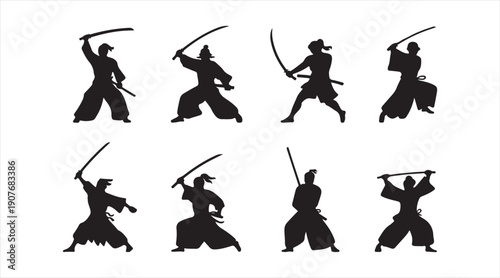 Samurai sword fighting silhouette icons in flat monochrome style