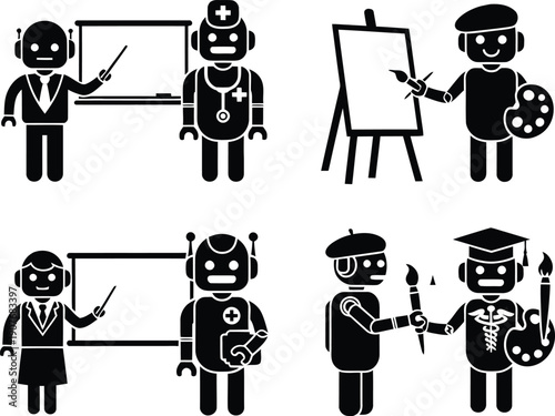 Artificial intelligence robot character collection featuring digital teacher, medical nurse, creative painter, and graduation student silhouettes.