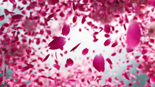 Pink rose petals bursting and falling through the air in slow motion. Floral explosion sequence for romantic celebrations, love events, and wedding confetti effects