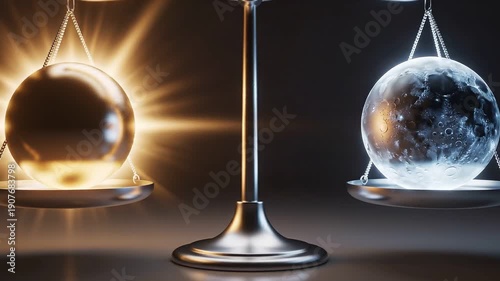 Balance scale with glowing golden orb and icy blue sphere in equilibrium. Symbolic representation of light and dark duality. Cinematic visualization of harmony and cosmic balance in wide angle view