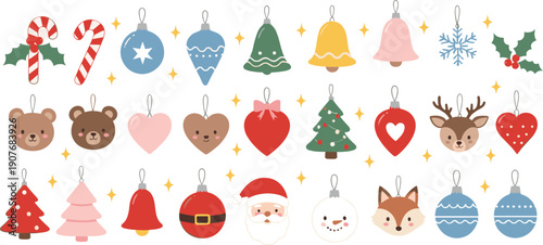 Cute Christmas ornaments and holiday icons vector set with santa reindeer bear candy cane tree bells hearts and winter decorations isolated