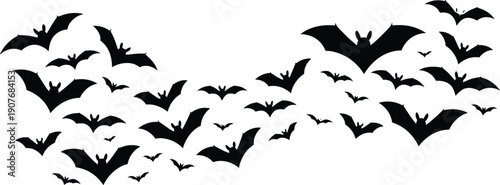 Flying bat silhouettes swarm, spooky Halloween night animal shapes collection, black horror wildlife vector illustration isolated on white background