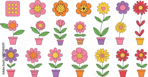 Cute potted flower vector set with colorful blooming plants in pots isolated on white background for spring garden nursery and decoration designs