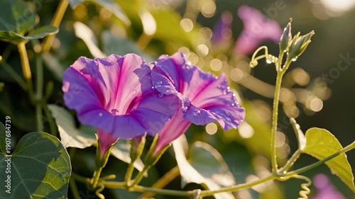 Vibrant purple morning glory flowers bloom with dew drops in golden sunlight