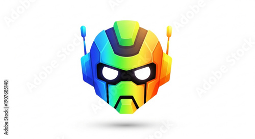 Vibrant robotic head with futuristic design and colorful gradient symbolizing technology and innovation in a sleek metallic appearance with glowing eyes
