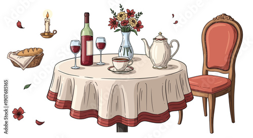 A set of wine bottles and glasses stands on a romantic restaurant table with elegant floral decorations, napkins, and chairs arranged for a wedding dinner celebration