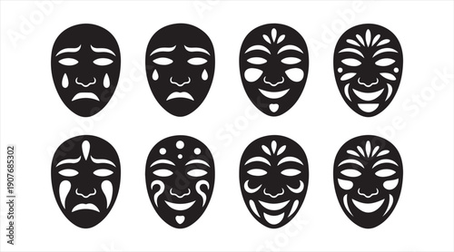 Minimal black theater mask icons representing comedy and tragedy facial expressions