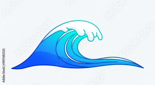 Ocean wave curling in gradient blue colors on white background symbolizing power and movement in the sea