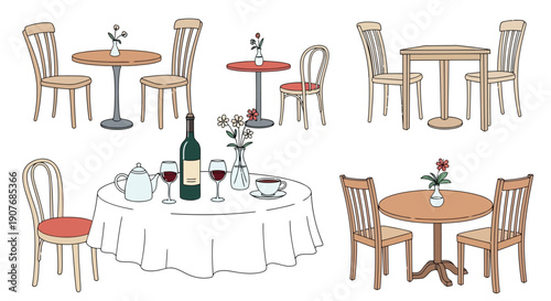 Set of kitchen tools and utensils with furniture icons featuring wooden tables and chairs in a modern dining room interior for home or restaurant decor