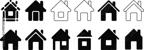 House icons set, home silhouette symbols collection, real estate property building pictograms, minimal black and outline vector illustration for design