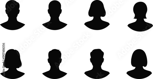 Male and female avatar silhouette icons set, anonymous user profile heads, people face shapes isolated on white background