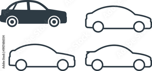 Minimal car icons set, sedan automobile silhouettes, modern vehicle outline collection, transportation symbol design, flat vector illustration for web branding