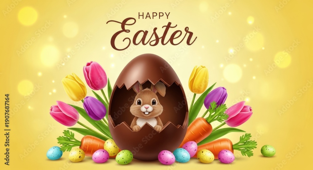 Fototapeta premium Happy Easter greeting card with cute bunny in chocolate egg, spring tulips and colorful eggs on yellow bokeh background, festive holiday banner