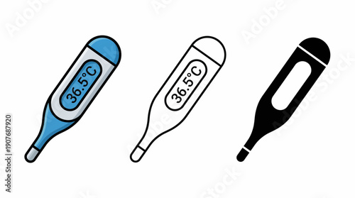 Set of digital medical thermometer icons in color, outline and silhouette style displaying 36.5 degrees Celsius reading, concept for healthcare apps, fever monitoring and medical equipment