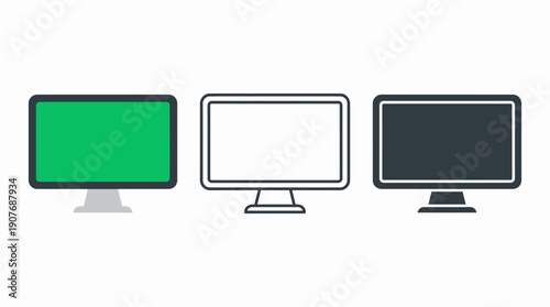 Three minimalist computer monitor icons in color, outline and solid styles on white, concept for office employee workstation, professional business presentation and remote worker equipment