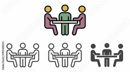 Four icons set of corporate managers sitting at a conference table for business meeting and collaboration, concept for boardroom communication, teamwork strategy and professional presentation