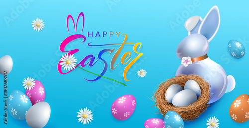Happy Easter. A festive blue card with a straw nest and a porcelain bunny.