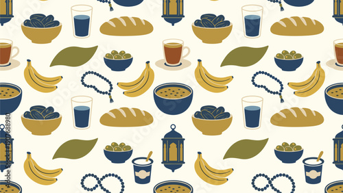 Ramadan Food Pattern Seamless Background | Islamic Celebration Iftar Suhoor