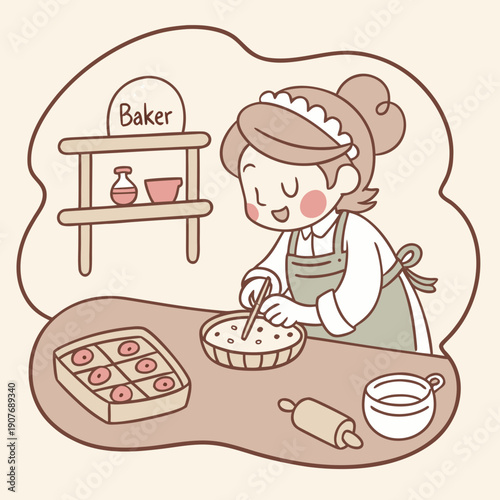 Whimsical vector illustration of a happy baker proudly presenting a crooked, lopsided pie, highlighting culinary mishaps and humorous baking fails.