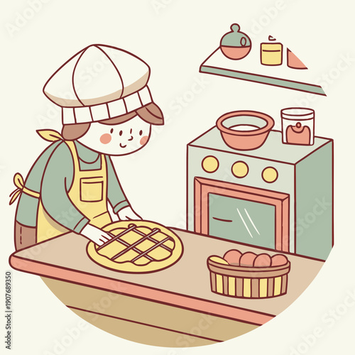 Whimsical vector illustration of a happy baker proudly presenting a crooked, lopsided pie, highlighting culinary mishaps and humorous baking fails.