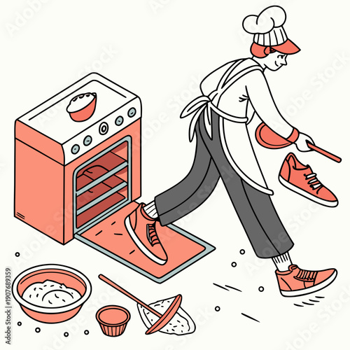 Playful vector art of a baker comically mistaking shoes for bread dough, illustrating confusion and humorous mistakes in the kitchen with a whimsical style.