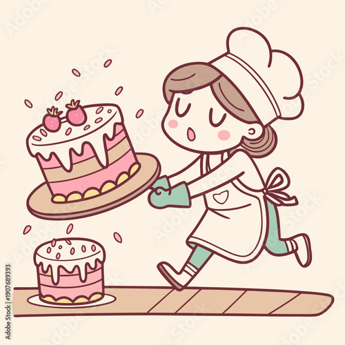 Funny vector illustration of a baker decorating a cake that slowly slides off the table, a comical depiction of baking challenges and out-of-control desserts.