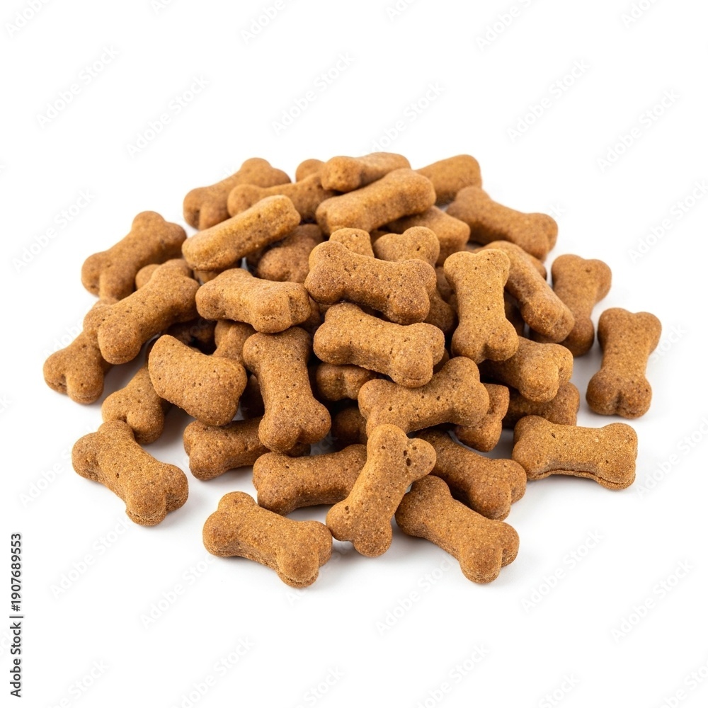 Fototapeta premium Pile of crunchy golden brown baked dog biscuits shaped like small bones scattered together on a clean white background for pet nutrition.