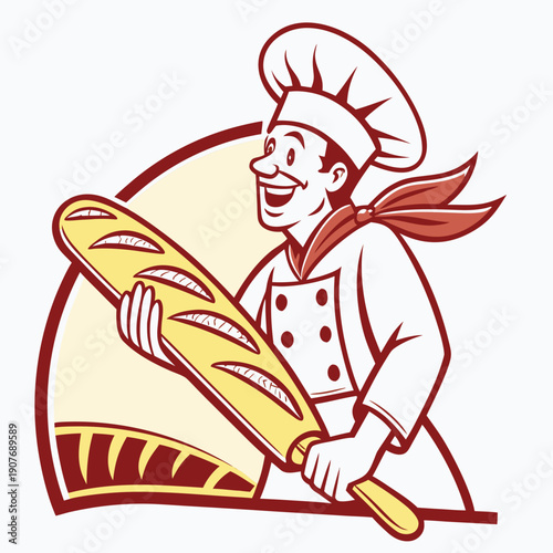 Playful baker proudly holds a burnt baguette, a humorous and whimsical illustration about embracing baking imperfections.