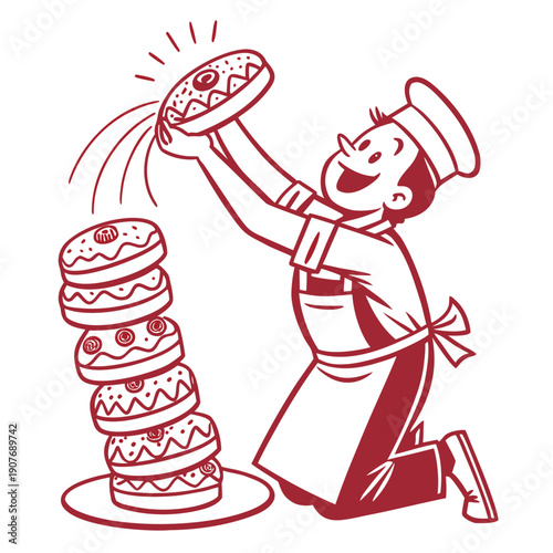 Whimsical baker stacking a tower of crooked, melting pastries with a cute, comical expression.